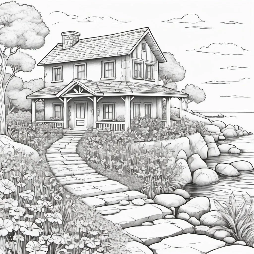 Prompt: Coloring page flowers house path rocks water