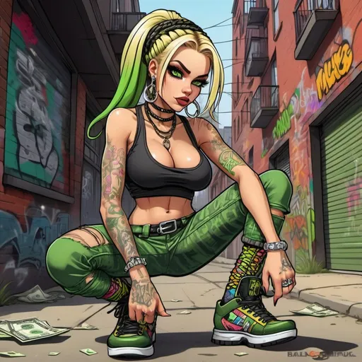 Prompt: A thug ghetto blonde cartoon characture multicolored microbraided hair female with green eyes revealing extra large cleavage  money dollar bills and tight multicolored graffiti outfit and shoes multicolored gothic punk steam punk emo exotic classy gangster pose  original graffiti tech touch the street hustle balaclava friends muscle 
