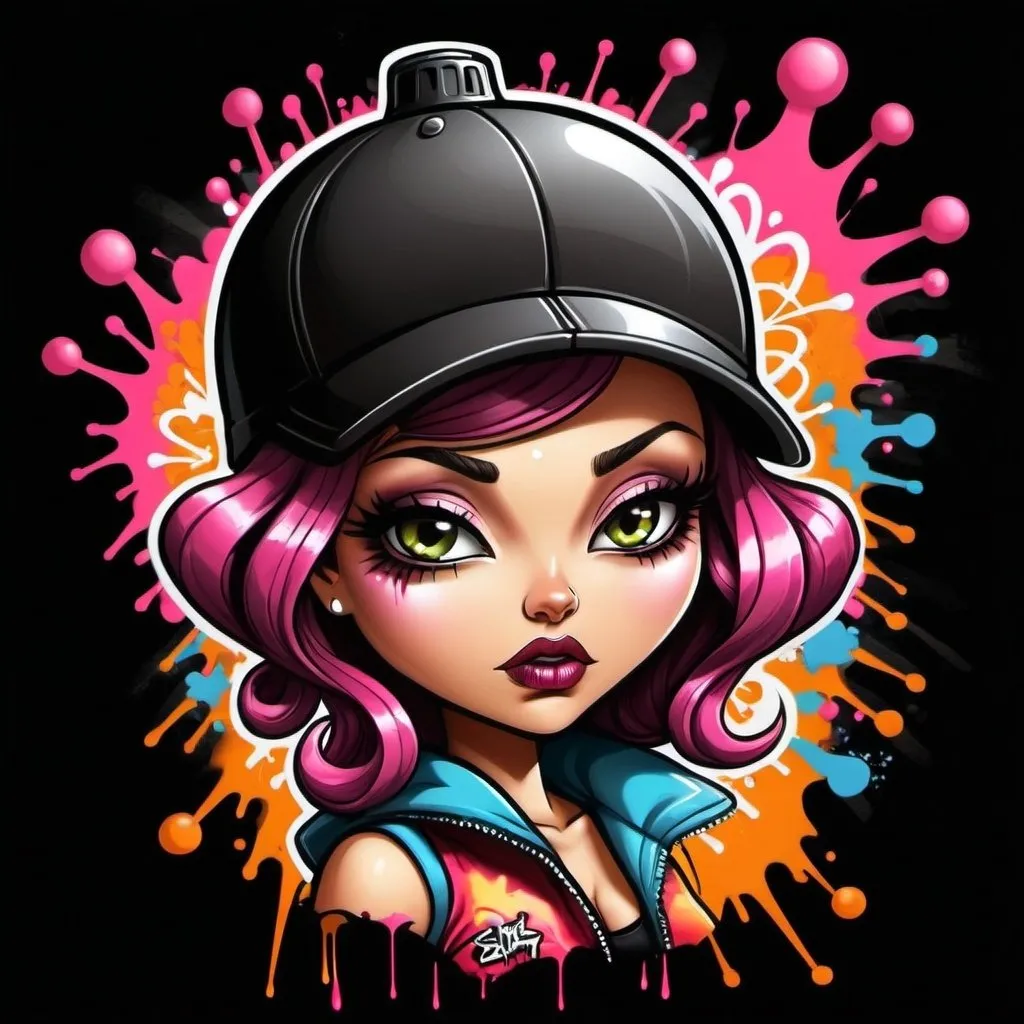 Prompt: A graffiti female cartoon charachter bomb spray spray custom art -Sedusa Adornment on black backround