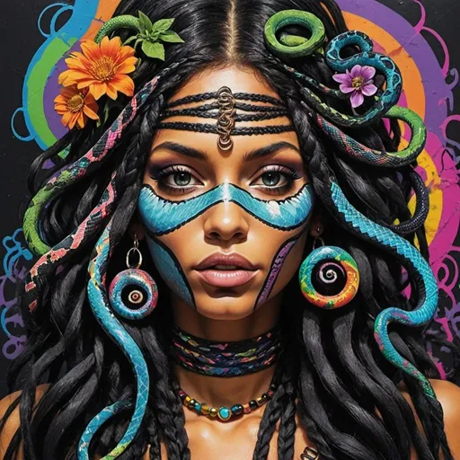 Prompt: Psycadelic hippy Art portrait Color black and bold pqstel print page Graffiti art face microbraided snake long medusa hair charachter revealing cleavage graffiti art face make up print sedusa adornment