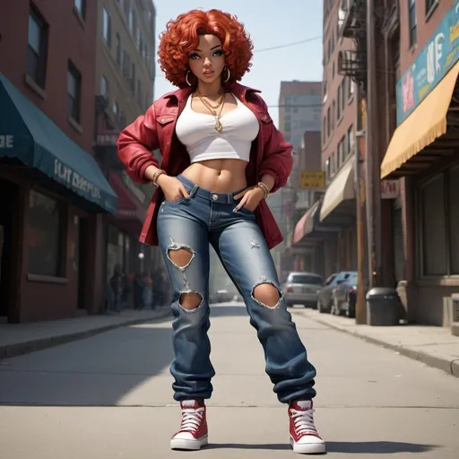 Prompt: Little Annie hip-hop character female with extra large, revealing cleavand holy.Tight jeans 