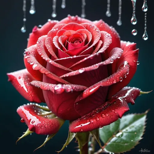 Prompt: A red rose of a godlike light and brilliant detailed color with thorns of glittery dripping water and a hullucination expression of love and life 