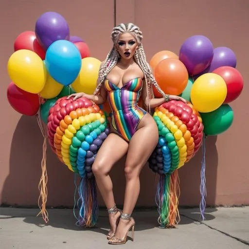 Prompt: chrome Rainbow medusa microbraided blonde and rainbow hair revealing extra large cleavage full lips
with high heel shoes lip shaped balloons multicolored 