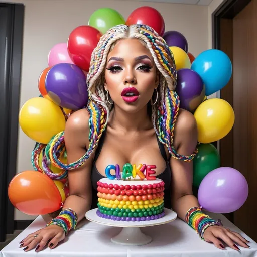 Prompt: boquets of chrome kiss lips balloons chrome Rainbow medusa microbraided blonde and rainbow hair revealing extra large cleavage full lips
with high heel shoes lip shaped balloons multicolored and surprise popping outta the center if a huge cake