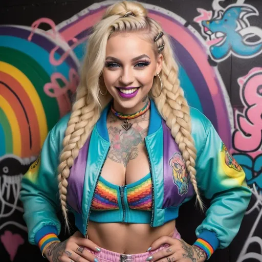 Prompt: A smiling caucasian blonde rainbow pastel microbraided long hair full lips designer make up revealing extra large cleavage tattoos wearing a 2 piece exotic night ware and a medusa graffiti designed leathet bomber jacket 