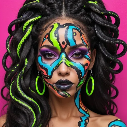 Prompt:  black and multi neon print page Graffiti art face microbraided snake long medusa hair charachter revealing cleavage graffiti art face make up print sedusa adornment