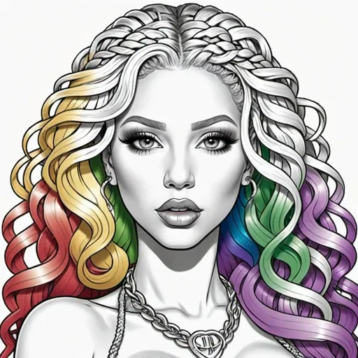 Prompt: Coloring page Lip shaped chrome Rainbow medusa microbraided blonde and rainbow hair revealing extra large cleavage full lips
with high heel shoes 