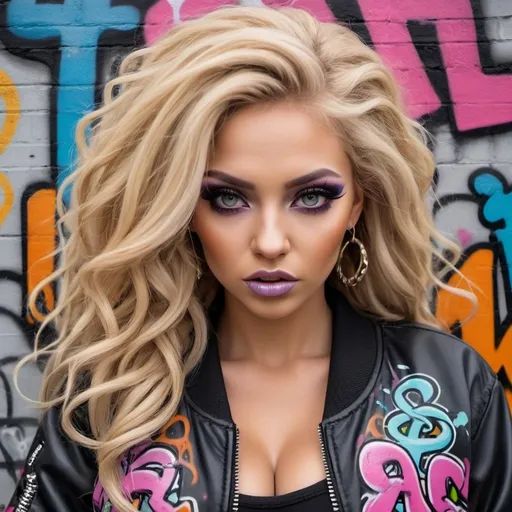 Prompt: Graffiti art face long microbraided medusa blonde hair charachter revealing cleavage graffiti art face make up leathe4 2 piece outfit with graffiti art bomber jacket