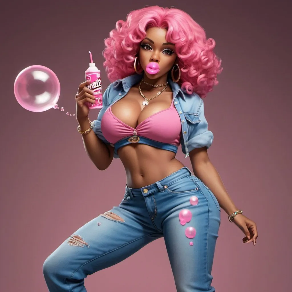 Prompt: Little Annie hip-hop character female with extra large revealing cleavage and holy freyed tight jeans chewing bubble gum