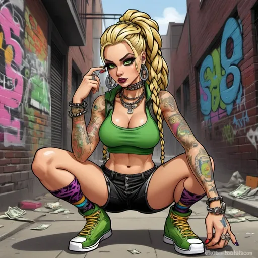 Prompt: A thug ghetto blonde cartoon characture multicolored microbraided hair female with green eyes revealing extra large cleavage  money dollar bills and tight multicolored graffiti outfit and shoes multicolored gothic punk steam punk emo exotic classy gangster pose  original graffiti tech touch the street hustle balaclava friends muscle 
