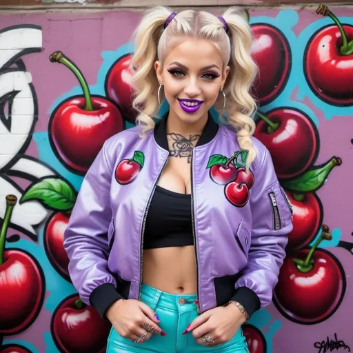 Prompt: Blonde ringlette pigtail hair tattoos revealing extra large cleavage full lips smilinhwearing designer makeup and tight pants with verticle slits in them graffiti art light purple leather bomber jacket medusa graffitti also eating a big cherries and lips graffiti art bomber jacket sedusa