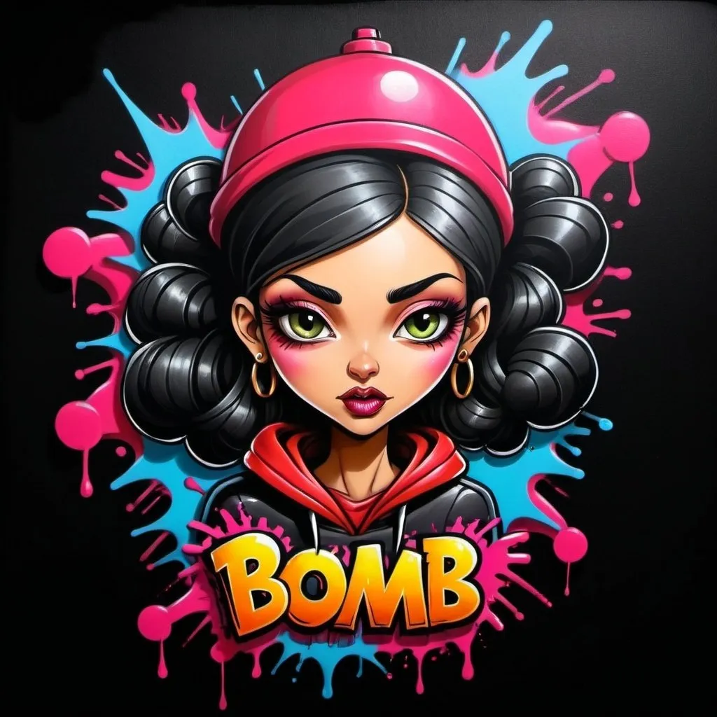 Prompt: A graffiti female cartoon charachter bomb spray spray custom art -Sedusa Adornment on black backround