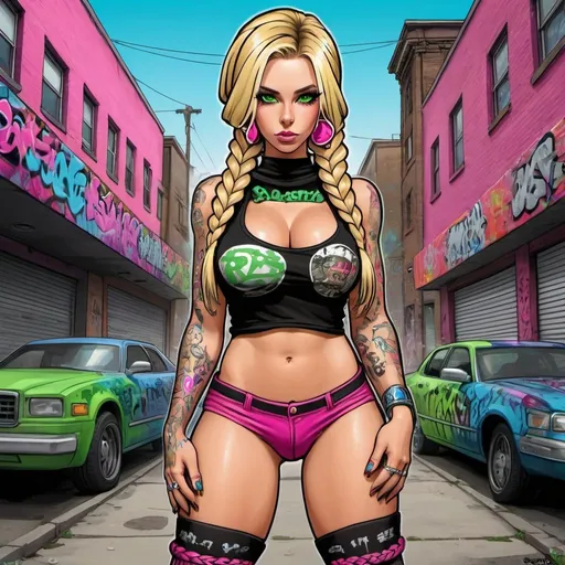 Prompt: cartoon charachture graffitti art blonde multicolored microbraided hair female with green eyes revealing extra large cleavage and tight multicolored graffiti outfit and shoes multicolored pink blue gothic punk steam punk emo exotic classy gangster pose money dollar bills  original graffiti tech touch the street hustle balaclava friends muscle 
