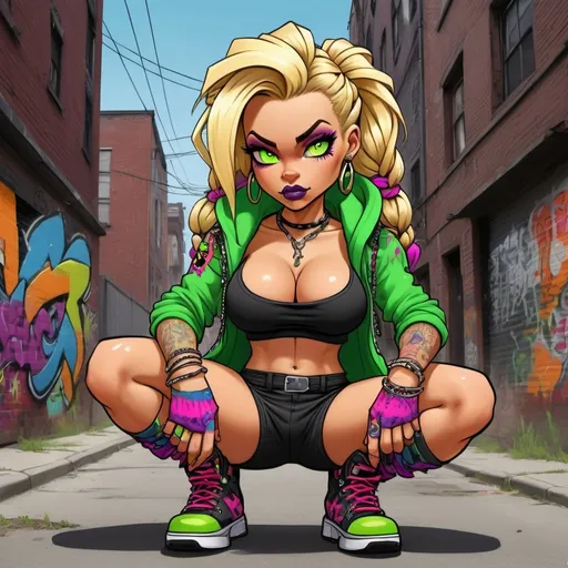 Prompt: Cartoon characture A thug ghetto blonde cartoon characture multicolored microbraided hair female with green eyes revealing extra large cleavage wearing tight multicolored neon graffiti outfit and shoes multicolored gothic punk steam punk emo exotic classy gangster pose  original graffiti tech touch the street hustle balaclava friends muscle  fierce lion graffiti 
