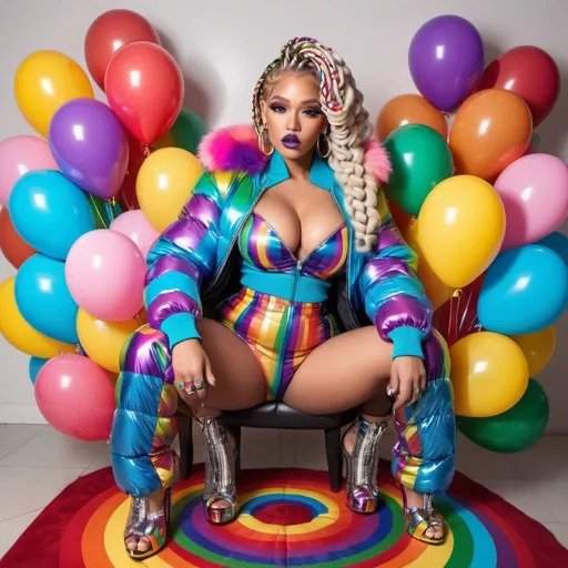 Prompt: Chrome Rainbow medusa microbraided blonde and rainbow hair revealing extra large cleavage full lips
with high heel shoes wearing a matching fur bomber jacket and enchanting revealing matching outfit exotic pose and a matching rainbow checkered floor and lip shaped multicolored shiney chrome balloons chrome shiney