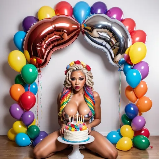 Prompt: boquets of chrome kiss lips balloons chrome Rainbow medusa microbraided blonde and rainbow hair revealing extra large cleavage full lips
with high heel shoes lip shaped balloons multicolored and climbing  outta the top of a angel food cake 