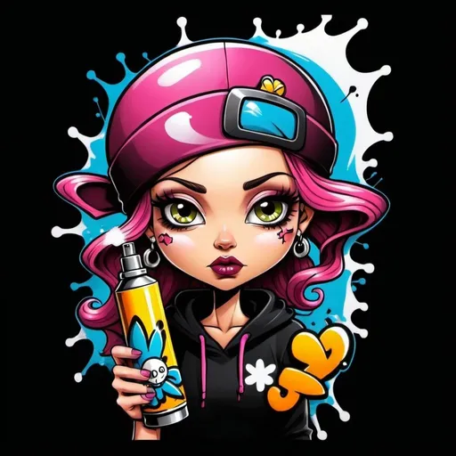 Prompt: A graffiti female cartoon charachter bomb spray spray custom art -Sedusa Adornment on black backround