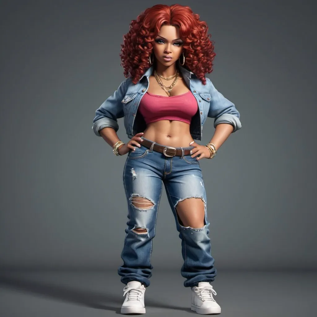 Prompt: Little Annie hip-hop character female with extra large, revealing cleavand holy.Tight jeans 