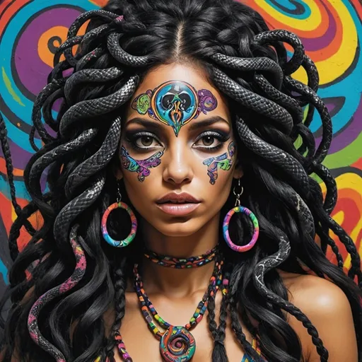 Prompt: Psycadelic hippy Art portrait Color black and bold pqstel print page Graffiti art face microbraided snake long medusa hair charachter revealing cleavage graffiti art face make up print sedusa adornment