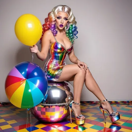 Prompt: kiss lips chrome Rainbow medusa microbraided blonde and rainbow hair revealing extra large cleavage full lips
with high heel shoes sparkles and checkered rainbow floor  balloon dress 