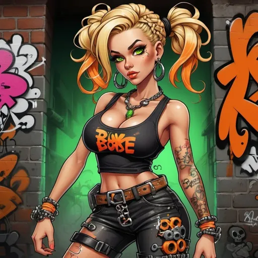 Prompt: A thug ghetto blonde cartoon characture multicolored microbraided hair female with green eyes revealing extra large cleavage wearing tight multicolored neon orange and black graffiti outfit and shoes graffiti steam punk spraybomb
