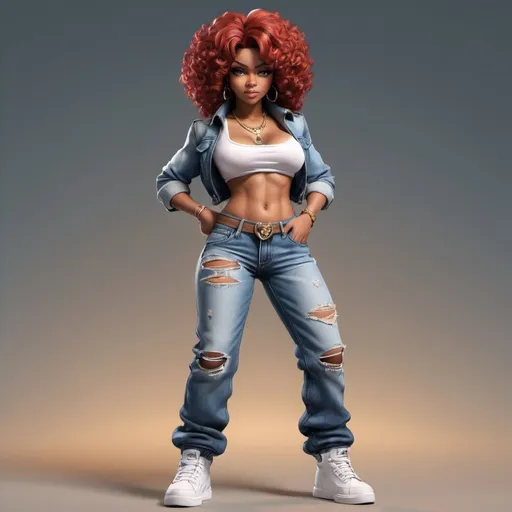Prompt: Little Annie hip-hop character female with extra large, revealing cleavand holy.Tight jeans 