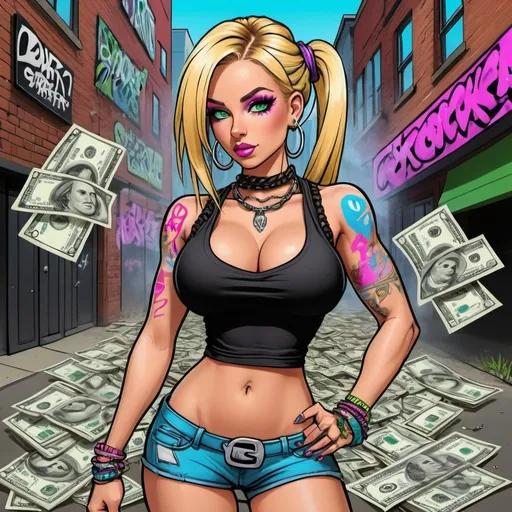 Prompt: cartoon charachture graffitti art blonde multicolored microbraided hair female with green eyes revealing extra large cleavage and tight multicolored graffiti outfit and shoes multicolored pink blue gothic punk steam punk emo exotic classy gangster pose money dollar bills  original graffiti tech touch the street hustle balaclava friends muscle 
