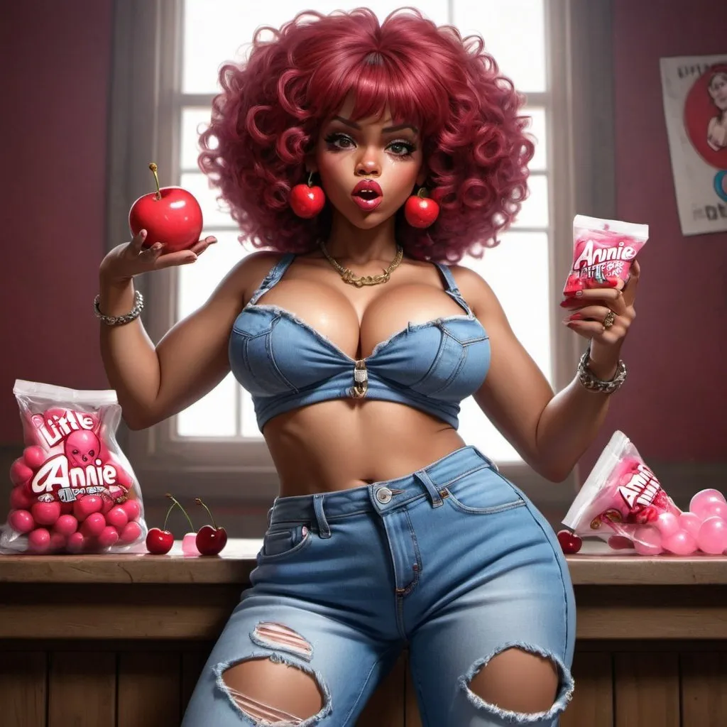 Prompt: Little Annie hip-hop character female with extra large revealing cleavage and holy freyed tight jeans chewing bubble gum and cherries 