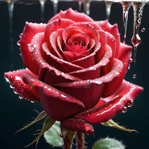 Prompt: A red  rose of a godlike light and brilliant detailed color with thorns of glittery dripping water and a hullucination expression of love and life 