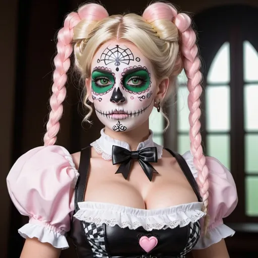 Prompt: Blonde female green eyes  micro braided updo wearing light pink checkered  and white leather french maids outfit revealing extra large cleavage and carrying a designer gothic matching doll sugar skull