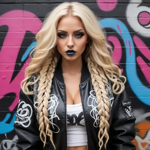 Prompt: Graffiti art face blond long microbraided long medusa hair charachter revealing cleavage graffiti art face make up leathe4 2 piece outfit with graffiti art bomber jacket