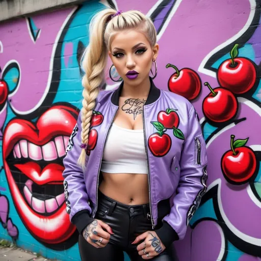 Prompt: Blonde ringlette pigtail hair tattoos revealing extra large cleavage full lips wearing designer makeup and tight pants with verticle slits in them graffiti art light purple leather bomber jacket medusa graffitti also eating a big cherries and lips graffiti art bomber jacket sedusa