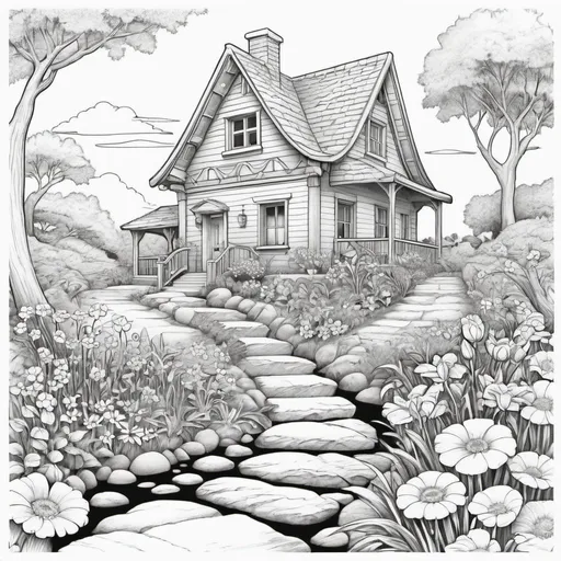 Prompt: Coloring page flowers house path rocks water
