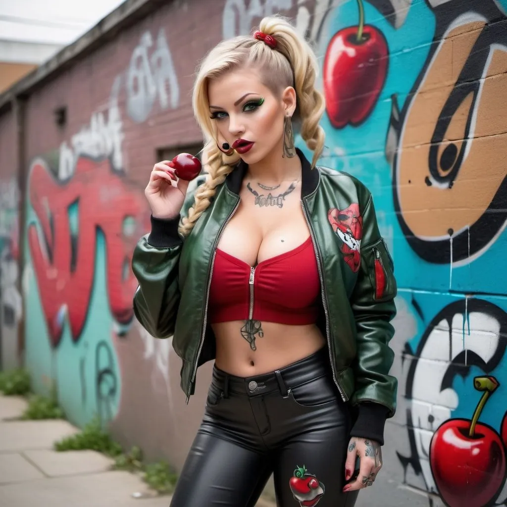 Prompt: Blonde ringlette pigtail hair green eyes tattoos revealing extra large cleavage full lips wearing designer makeup and tight pants with verticle slits in them graffiti leather bomber jacket red medusa graffitti also eating a big cherry