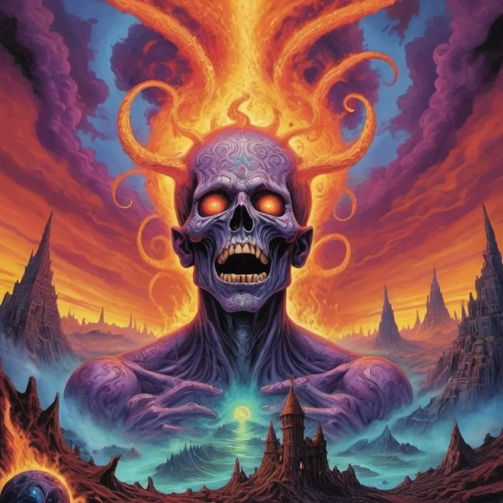 Prompt: A new world of fantasy in a realm of hellfire insanity psycadelic fear