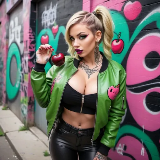 Prompt: Blonde ringlette pigtail hair green eyes tattoos revealing extra large cleavage full lips wearing designer makeup and tight pants with verticle slits in them graffiti black leather with pink and green graffitti  leather bomber jacket medusa graffitti also eating a big cherry