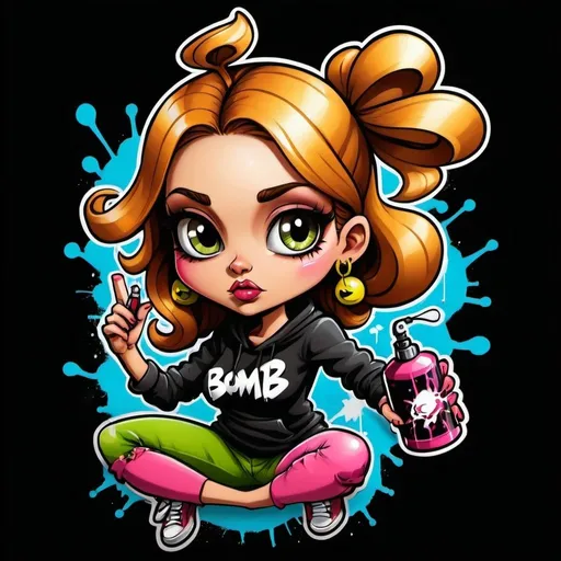 Prompt: A graffiti female cartoon charachter bomb spray spray custom art -Sedusa Adornment on black backround