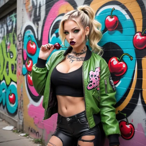 Prompt: Blonde ringlette pigtail hair green eyes tattoos revealing extra large cleavage full lips wearing designer makeup and tight pants with verticle slits in them graffiti leather bomber jacket medusa graffitti also eating a big cherry graffiti art bomber jacket 