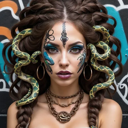 Prompt: Art portrait Graffiti art face microbraided snake long medusa hair charachter revealing cleavage graffiti art face make up print sedusa adornment