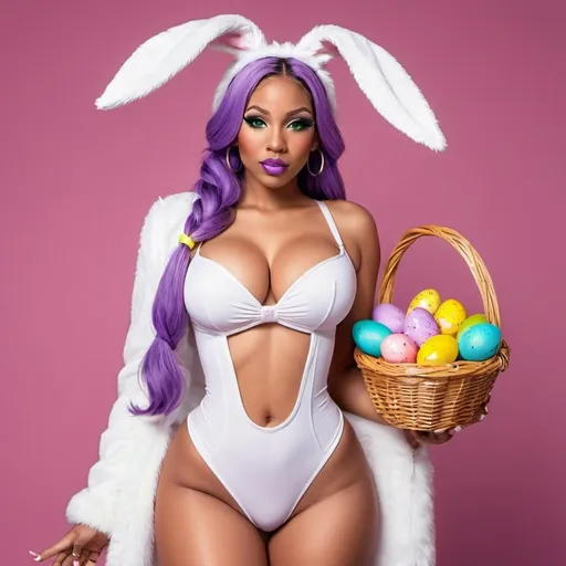 Prompt: Purple  ringlette pigtail hair green eyes nateral hip-hop character female with extra large revealing cleavage full lips wearing designer makeup and wearing a revealing exotic white Easter bunny costume and holding a Easter basket 