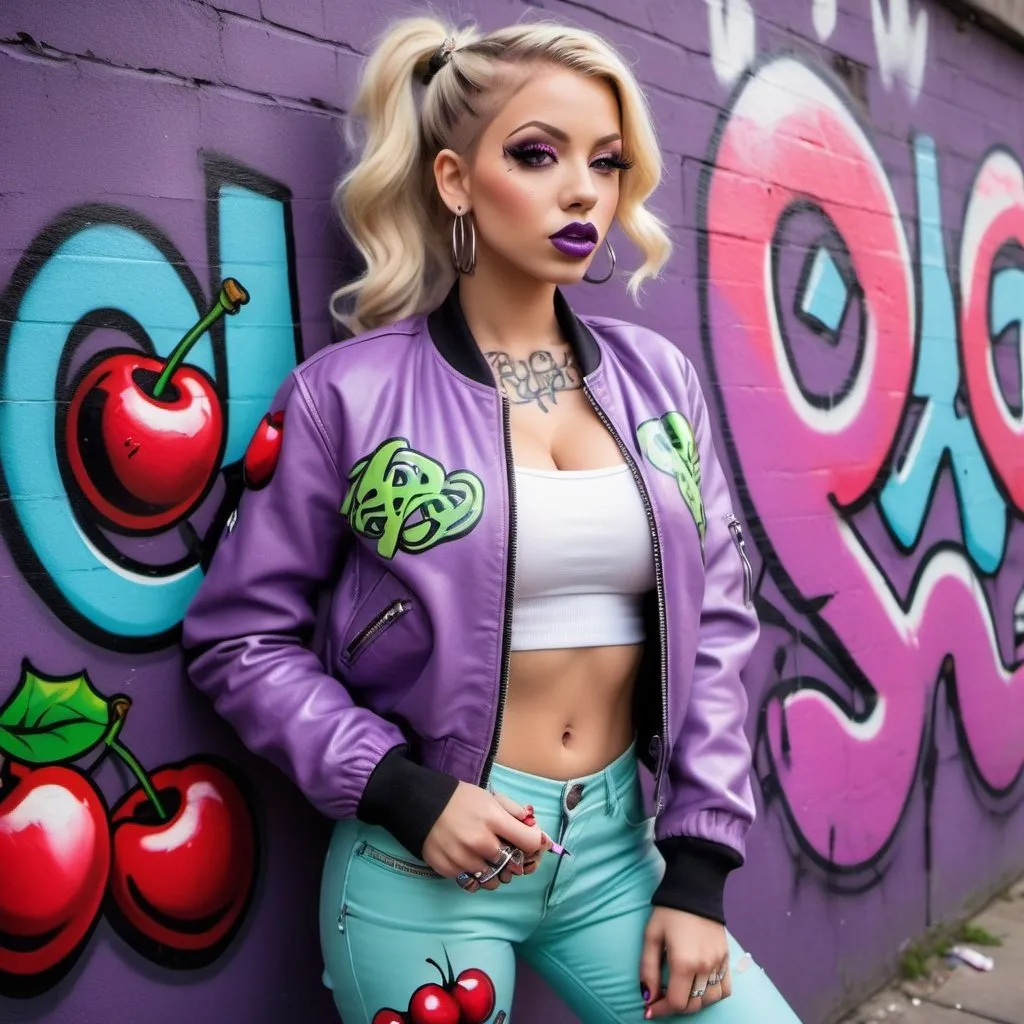 Prompt: Blonde ringlette pigtail hair tattoos revealing extra large cleavage full lips wearing designer makeup and tight pants with verticle slits in them graffiti art light purple leather bomber jacket medusa graffitti also eating a big cherries and lips graffiti art bomber jacket sedusa