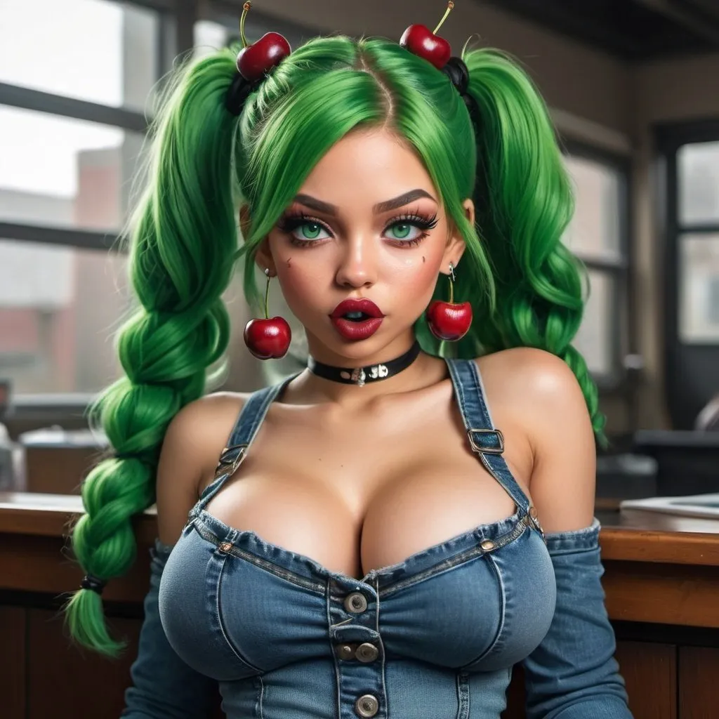 Prompt: Green ringlette pigtail hair green eyes nateral hip-hop character female with extra large revealing cleavage full lips wearing designer makeup and holy freyed tight jeans eating a big cherry