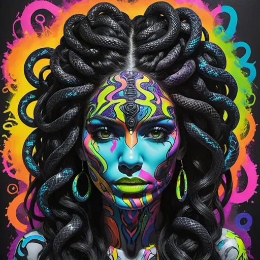 Prompt: Psycadelic Art portrait Color black and multi neon print page Graffiti art face microbraided snake long medusa hair charachter revealing cleavage graffiti art face make up print sedusa adornment