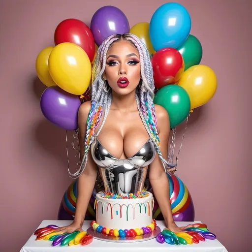 Prompt: boquets of chrome kiss lips balloons chrome Rainbow medusa microbraided blonde and rainbow hair revealing extra large cleavage full lips
with high heel shoes lip shaped balloons multicolored and coming outta the top of a birthday cake 