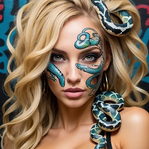 Prompt: Art portrait Graffiti art face blonde microbraided snake long medusa hair charachter revealing cleavage graffiti bold custom art face make up print sedusa adornment