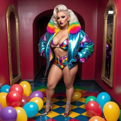 Prompt: Chrome Rainbow medusa microbraided blonde and rainbow hair revealing extra large cleavage full lips
with high heel shoes wearing a matching fur bomber jacket and enchanting revealing matching outfit exotic pose and a matching rainbow checkered floor and lip shaped multicolored shiney chrome balloons chrome shiney