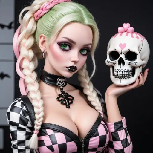 Prompt: Blonde female green eyes  micro braided updo wearing light pink checkered  and white leather outfit revealing extra large cleavage and carrying a designer gothic matching doll and candy skull art 