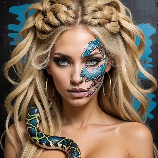 Prompt: Art portrait Graffiti art face blonde microbraided snake long medusa hair charachter revealing cleavage graffiti art face make up print sedusa adornment