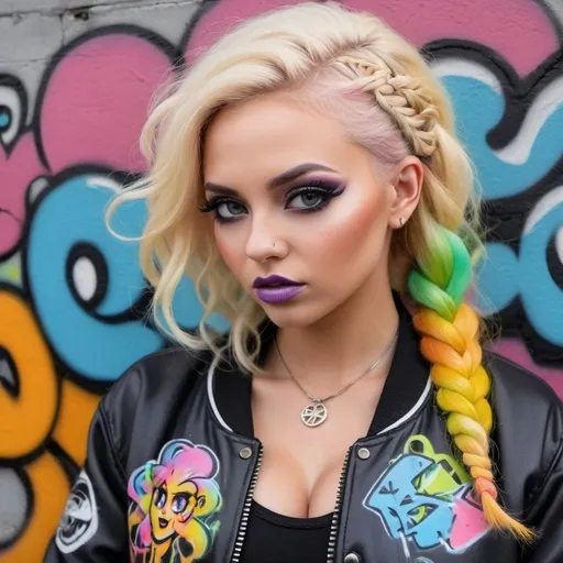 Prompt: Graffiti art face long microbraided medusa blonde rainbow pastel hair charachter revealing cleavage graffiti art face make up leathe4 2 piece outfit with graffiti art bomber jacket