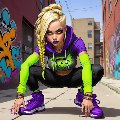 Prompt: A thug ghetto blonde cartoon characture multicolored microbraided hair female with green eyes revealing extra large cleavage wearing tight multicolored neon yellow anf neon purple graffiti outfit and shoes multicolored gothic punk steam punk emo exotic classy gangster pose  original graffiti tech touch hustle balaclava friends muscle  fierce graffiti 
